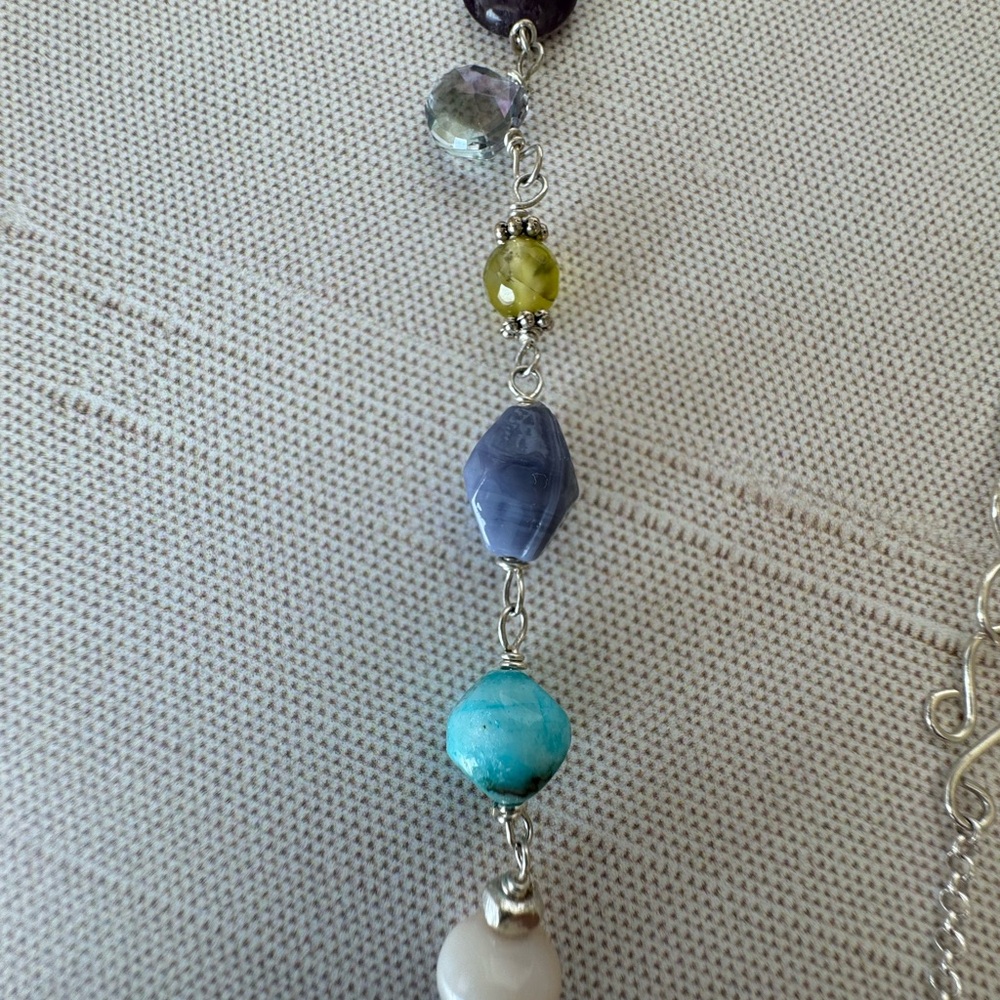 Multi Color And Shape Gemstone And Silver Necklace - image 7